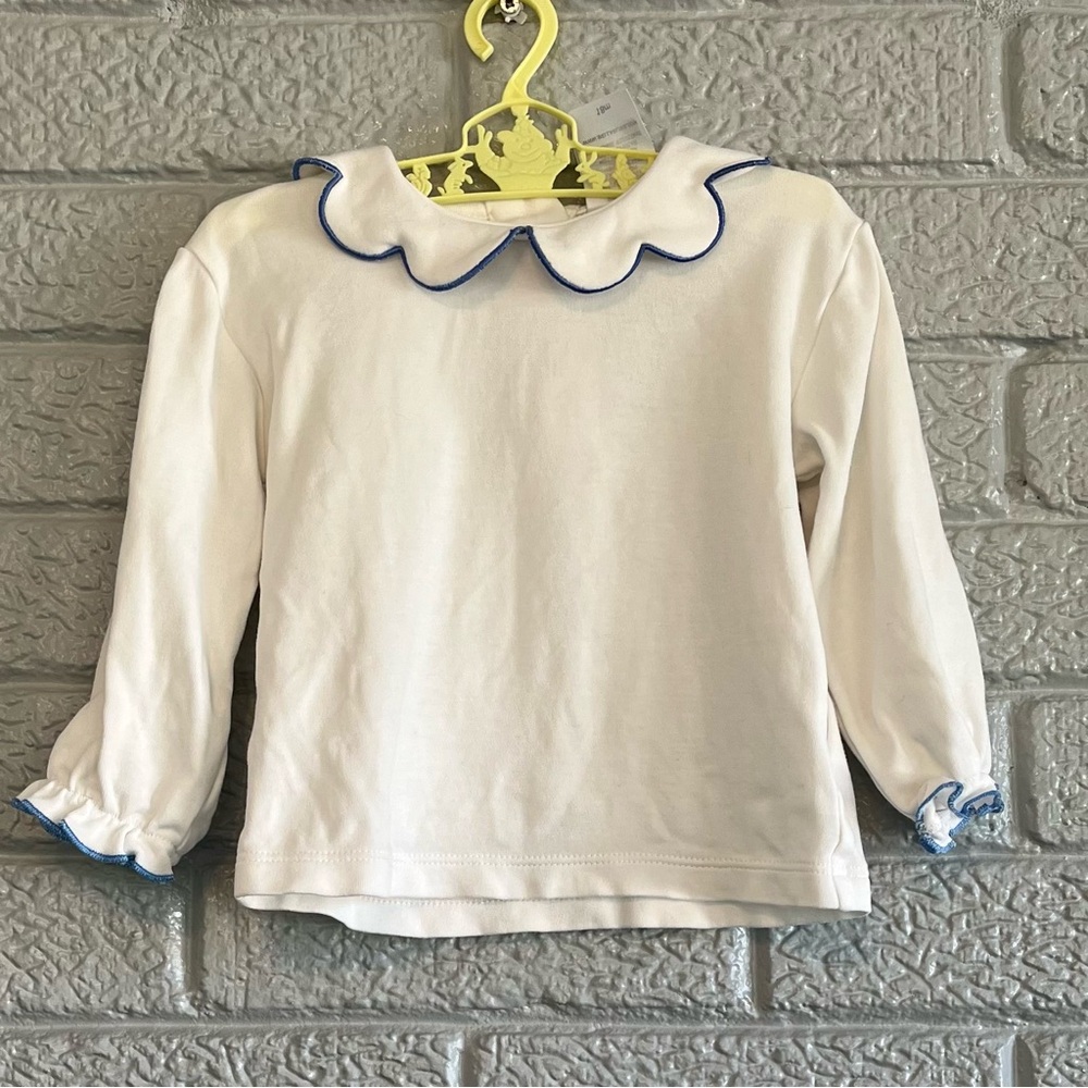 Bella Bliss White Long Sleeve Shirt Scalloped Peter Pan Collar Blue Trim 18M